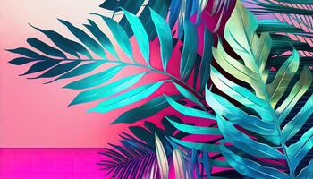 Tropical and palm leaves in bright bold holographic colors. . photo