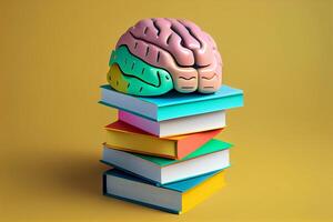 Human brain with books, self care and mental health concept, positive attitude, creative mind. photo