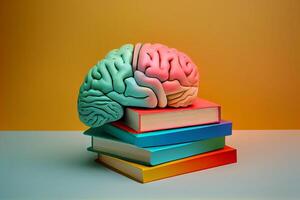 Human brain with books, self care and mental health concept, positive attitude, creative mind. photo