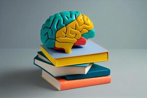 Human brain with books, self care and mental health concept, positive attitude, creative mind. photo