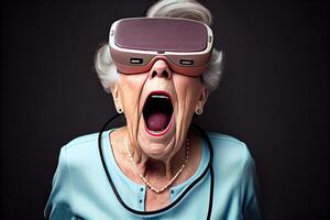 Image of shocked senior lady shouting while exploring virtual reality. photo