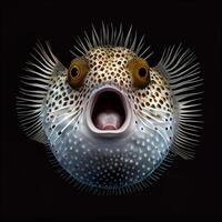 Illustration of surrealistic pufferfish with opened mouth on black background. photo