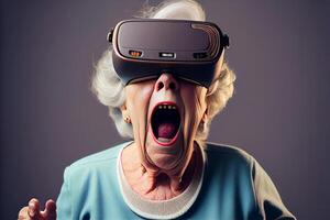Image of shocked senior lady shouting while exploring virtual reality. photo