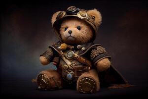 A teddy bear from the front dressed in a steampunk outfit, steampunk. photo