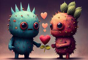 Cute love monster illustrations with hearts. photo