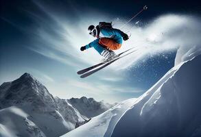 invierno extremo atleta Deportes esquí saltar en montaña. ai generado foto