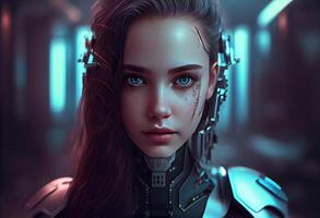 Artificial intelligence a humanoid cyber girl with Technology smart robot Ai. photo