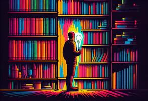 Man with book and lightbulb looking for knowledge on library with colorfull books. photo