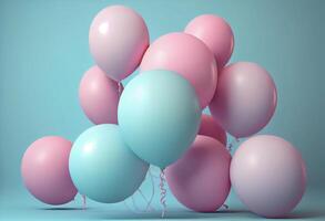 Pink balloons on a pastel blue background. 3d render illustration. photo