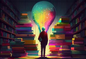 Man with book and lightbulb looking for knowledge on library with colorfull books. photo