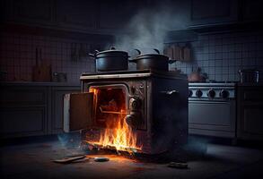 Stove ignited in the modern kitchen during cooking, smoke and soot around, fire at home. photo