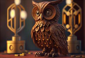 close-up of an owl statue sitting on top of a wooden table, a 3D rendering, kinetic art, steampunk. photo