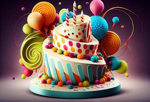 celebracion fiesta cumpleaños pastel con un montón de Formación de hielo y decoraciones ai generado foto