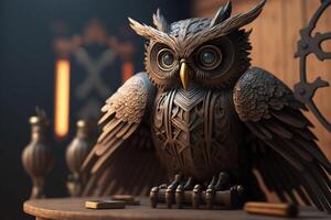 close-up of an owl statue sitting on top of a wooden table, a 3D rendering, kinetic art, steampunk. photo