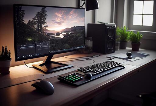 Shot of a Desktop computer and keyboard and mouse in the Creative Modern Office. photo