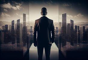 Business man standing back with cityscape in office skyscraper. photo