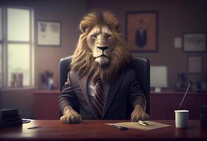 león vistiendo traje en oficina , empresario león sentado a oficina. ai generado foto
