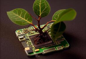 Tree sapling that broke out from computer chip , Green tree sprout on a computer chip. photo