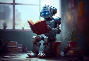 Robot child reading a book , Robot education a book. photo