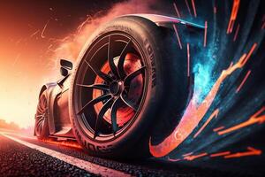 3D rendering , Sport Car Raceing on race track , Car wheel drifting. photo