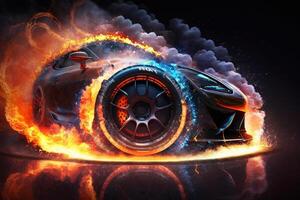 3D rendering , Sport Car Raceing on race track with fire burning , Car wheel drifting. photo