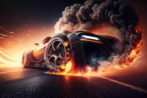 3D rendering , Sport Car Raceing on race track with fire burning , Car wheel drifting. photo