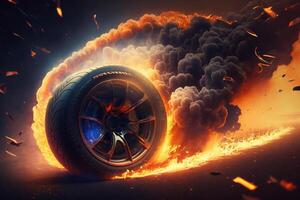 3D rendering , Sport Car Raceing on race track with fire burning , Car wheel drifting. photo