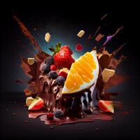 chocolate postre conjunto con fruta. ai generado foto