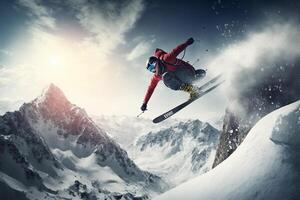 extremo atleta Deportes esquí saltar en montaña. ai generado foto