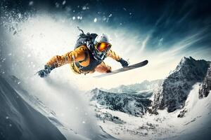 extremo atleta Deportes esquí saltar en montaña. ai generado foto