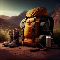 Travel bags in front of a camping tent, hiking gear.. photo