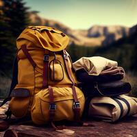 Travel bags in front of a camping tent, hiking gear.. photo