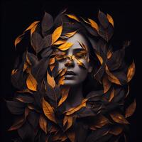 Woman sticking out of black and gold leaves. photo