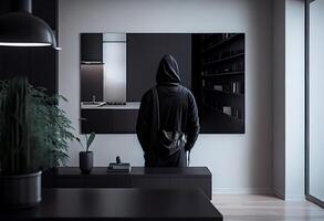 A burglar dressed in all black stands with his back to the camera in a modern apartment. photo