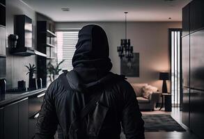 A burglar dressed in all black stands with his back to the camera in a modern apartment. photo