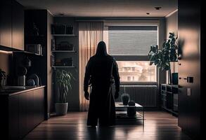 A burglar dressed in all black stands with his back to the camera in a modern apartment. photo