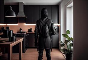 A burglar dressed in all black stands with his back to the camera in a modern apartment. photo