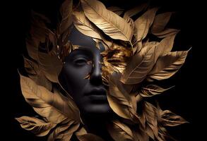 Woman sticking out of black and gold leaves. photo