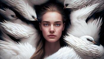 A woman's face sticking out in the middle of all the goose white feather. photo
