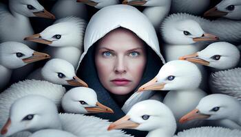 A woman's face sticking out in the middle of white geese . photo