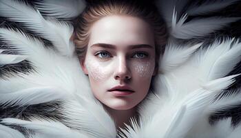 A woman's face sticking out in the middle of all the goose white feather. photo