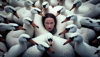 A woman's face sticking out in the middle of white geese . photo