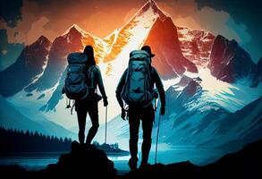 Couple of hikers with backpack. photo