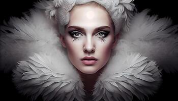 A woman's face sticking out in the middle of all the goose white feather. photo