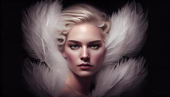 A woman's face sticking out in the middle of all the goose white feather. photo