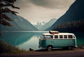 yendo en vacaciones en un camioneta por un hermosa lago. ai generado foto