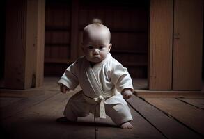 bebé en un blanco kimono en un luchando posición en un de madera dojo. ai generado foto