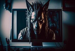 Wolf head behind a computer screen to symbolize a predator. photo