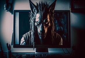 lobo cabeza detrás un computadora pantalla a simbolizar un depredador. ai generado foto