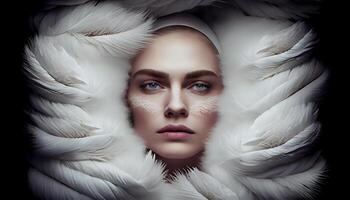 A woman's face sticking out in the middle of all the goose white feather. photo